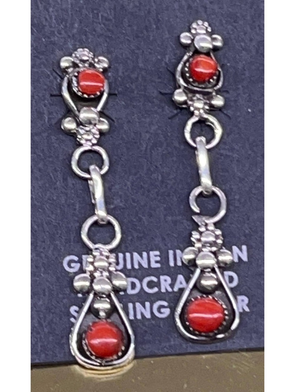 Native American Zuni cluster red coral traditional sterling silver earrings
